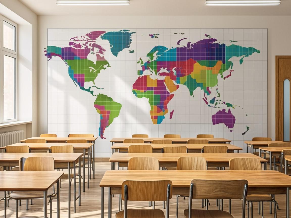 Gigantic classroom world map poster on a school wall